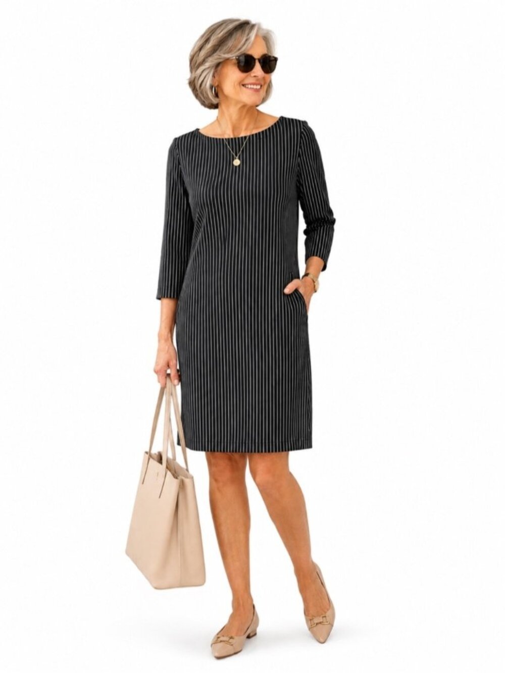 RW&CO Black Pinstripe Sheath Office Career Pocket Dress Knee Length Medium